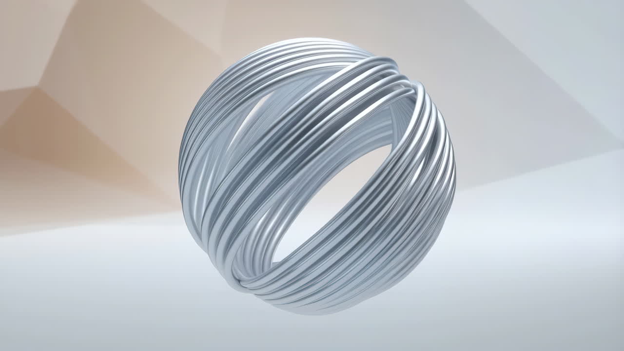 Silver Spiral Sphere Rotating In Studio, Highly Polished Chrome Strips Weave Into Hollow Core With Slow