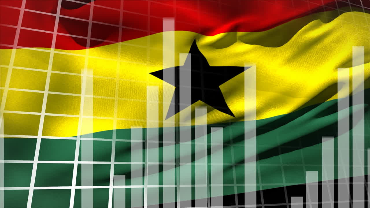 Animazione di elaborazione dati su sfondo della bandiera ghanese che sventola