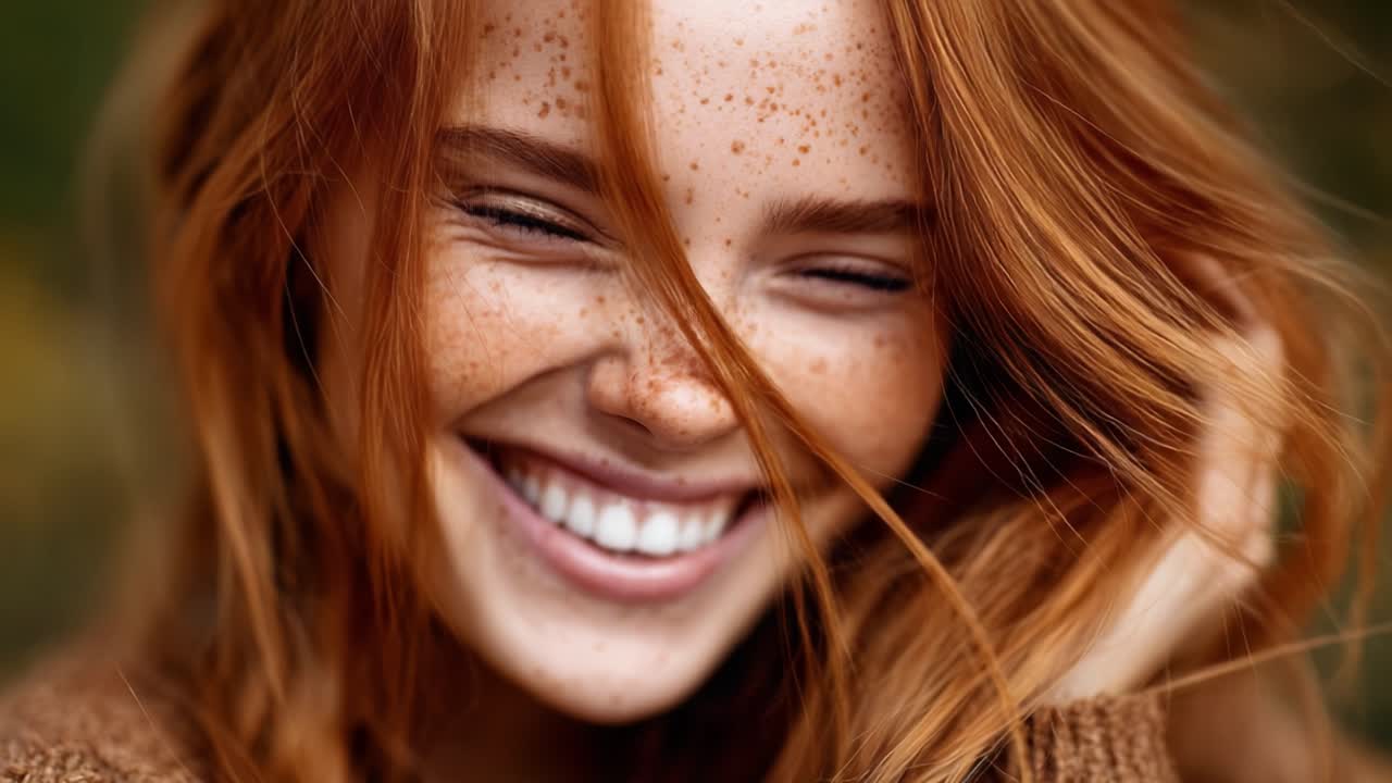 A Joyful Moment Captured: Glistening Freckles and Radiant Smile Illuminate the Beauty of Red-Haired Elegance in a Natural Setting