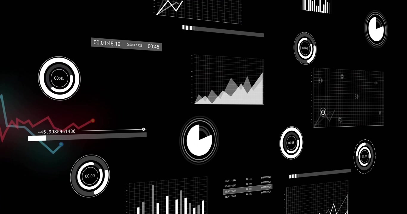 Digital dashboard starting on black screen updating timers, graphs and gauges showing live updates