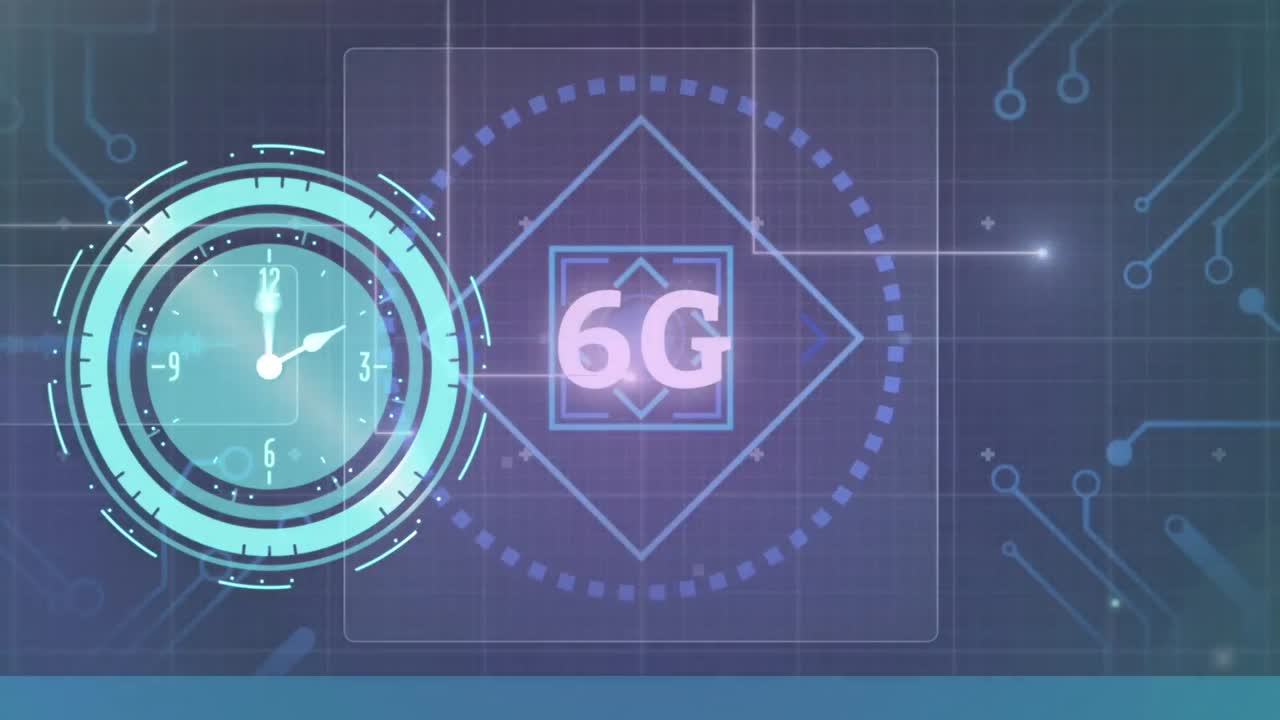 animación del reloj, texto 6g y procesamiento de datos en pantalla