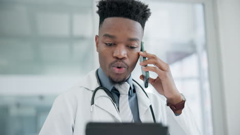 tablet, phone call and a doctor black man