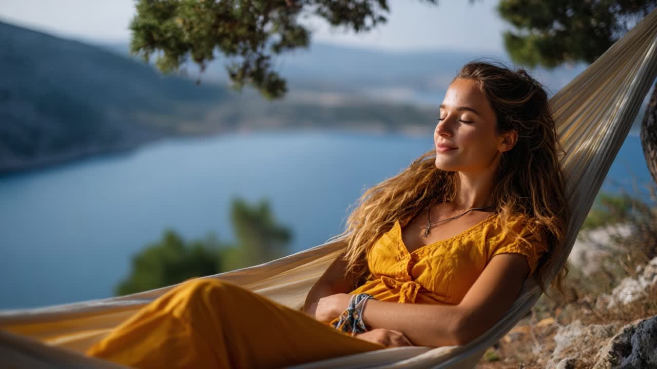 A Serene Escape: Young Woman Relaxing in a Hammock Overlooking a Tranquil Lake, Embracing Nature's Beauty and Peacefulness in a Summer Setting