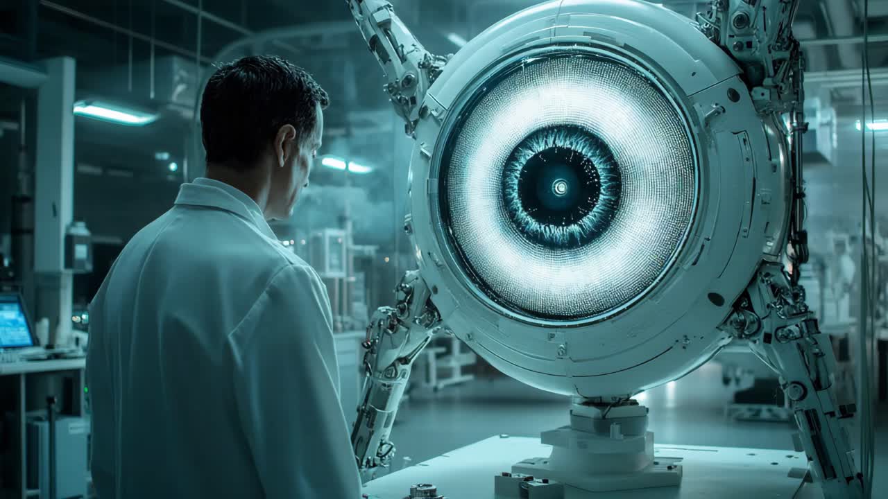 Scientist observing a futuristic robot eye