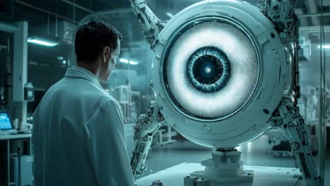 scientist observing a futuristic robot eye