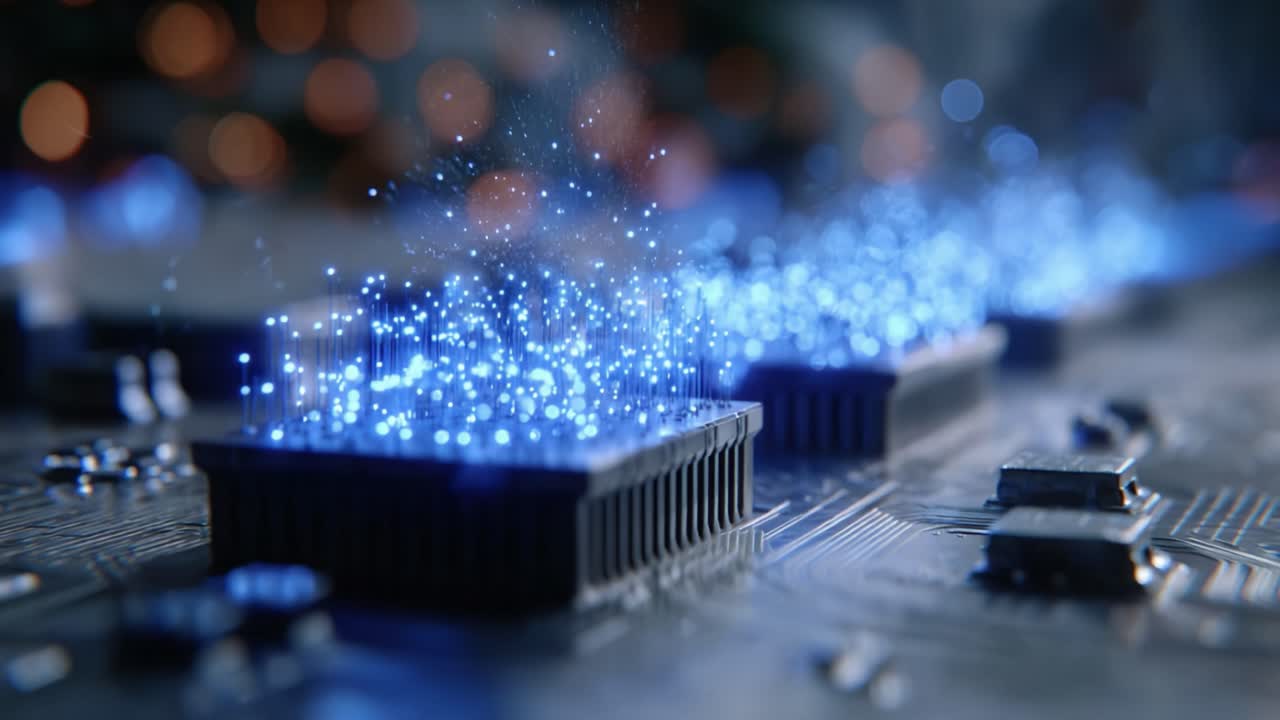 A close-up view of a circuit board showcasing luminous, glowing data streams emanating from microchips, illustrating the vibrant interconnectivity within technology