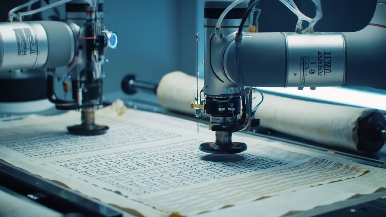 Precision machines carefully analyze and restore an ancient manuscript, showcasing innovative techniques and expert skill in a modern restoration lab environment. Watch the meticulous process unfold.
