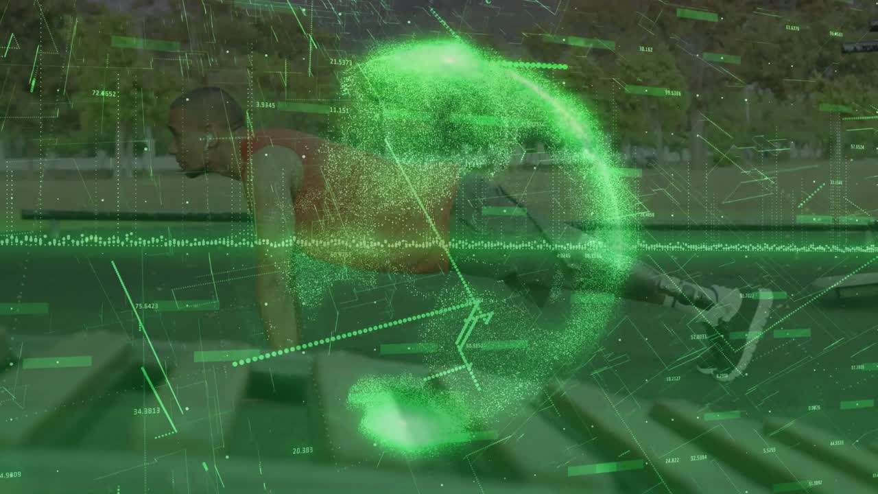 Man holding plank, tucking while hologram globe growing from right partly obscuring him for fitness