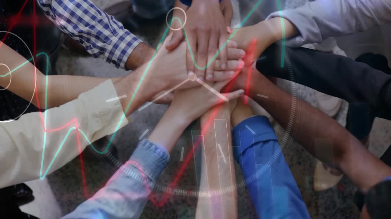 On cue hands converging and stacking, sliding and pressing to show team unity with HUD overlays
