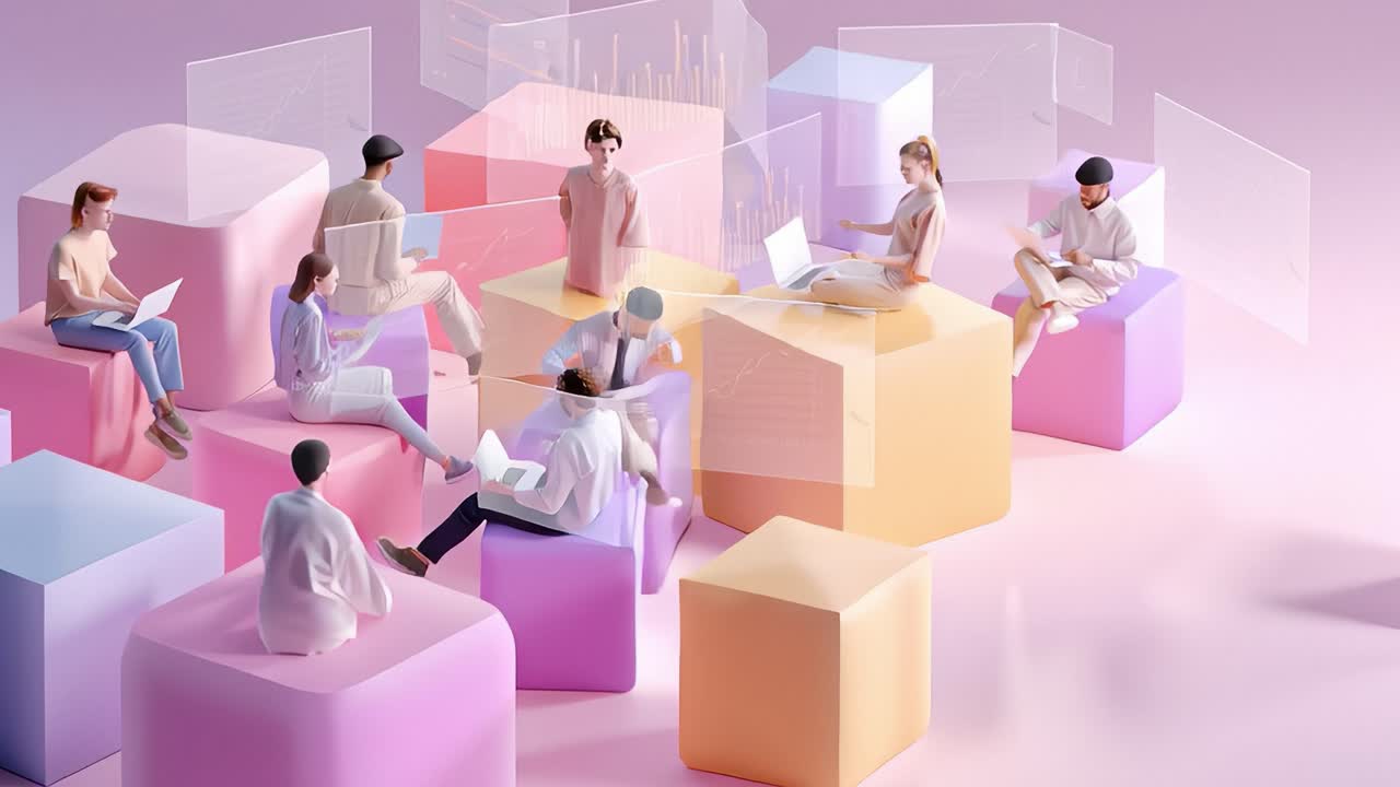 Engaging in Collaboration and Analysis: A Group of Individuals Interacting with Digital Data and Ideas in a Modern, Minimalistic Environment Featuring Soft Pastel Colors