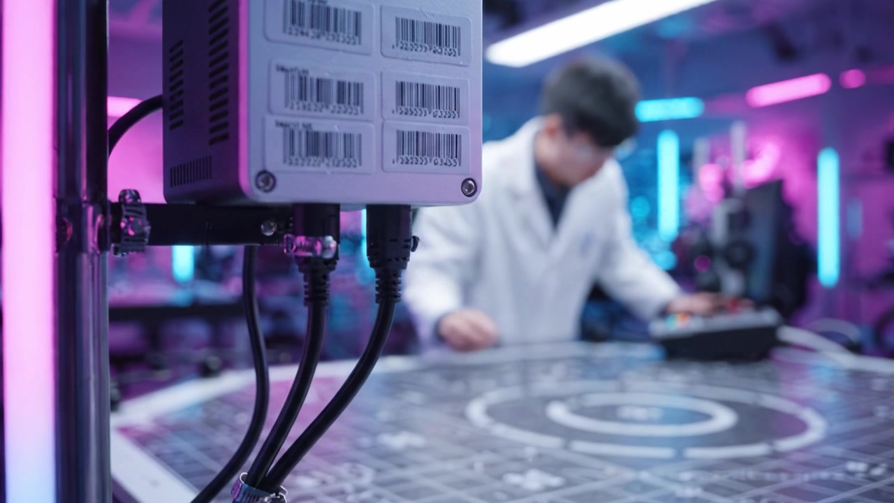 Futuristic Laboratory Setting Featuring LoRaWAN Technology and Researcher Engaged in Experimentation with High-Tech Equipment and Neon Lighting Atmosphere