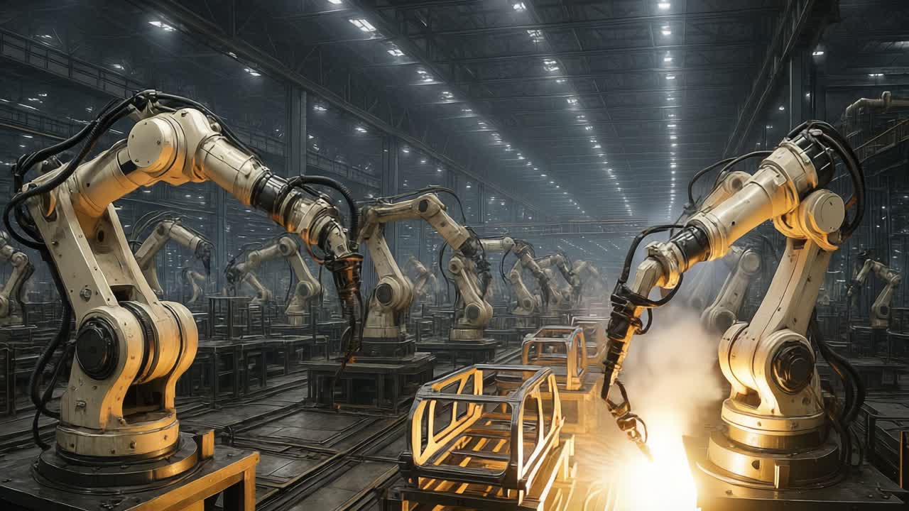 Robotic arms meticulously perform assembly tasks in a vast industrial facility, showcasing their precision and speed. The setting is illuminated by overhead lights creating a bright work environment throughout the night. Workers oversee the operations, ensuring everything runs smoothly. Sparks fly a
