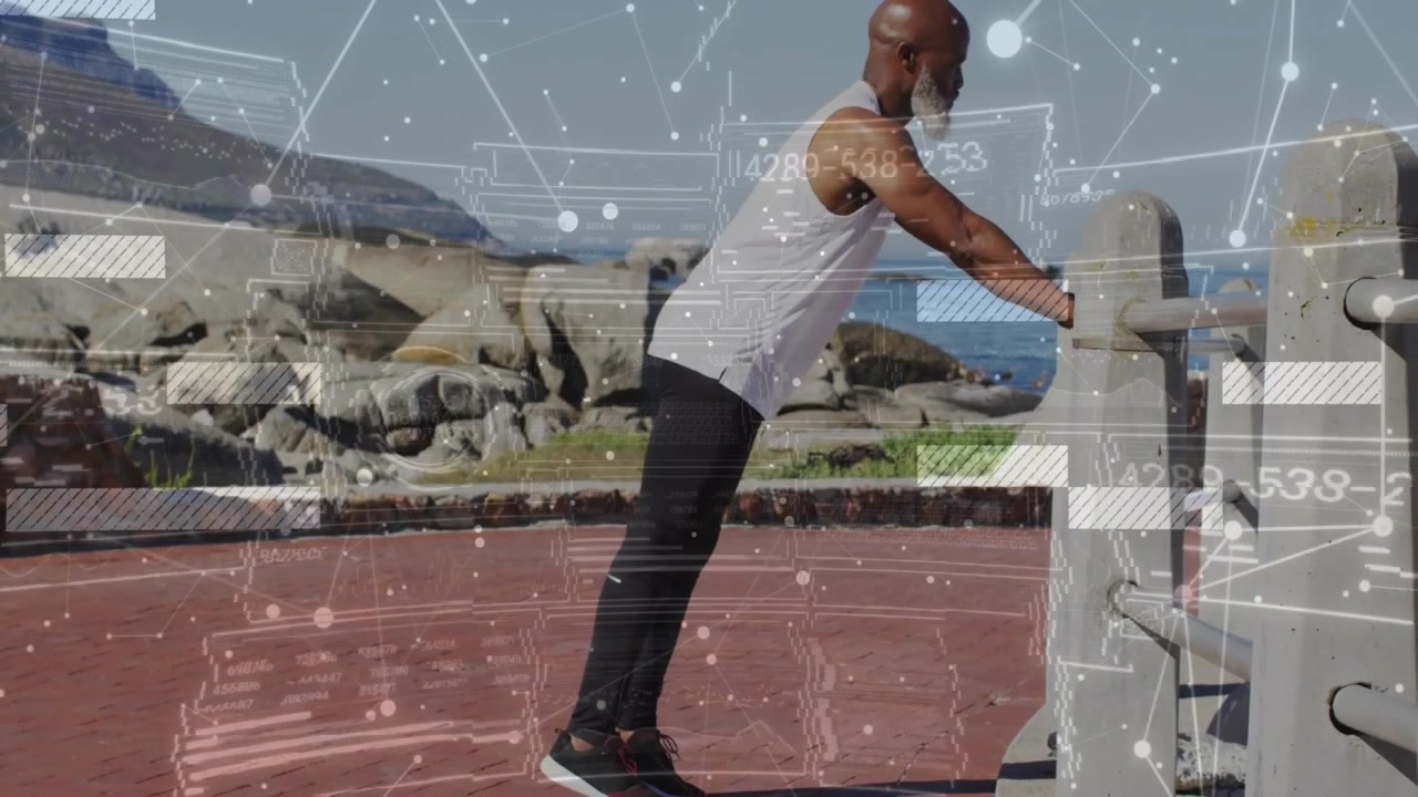 Vertical video: Mature man walking to rail, bracing then doing incline pushes for fitness with HUD