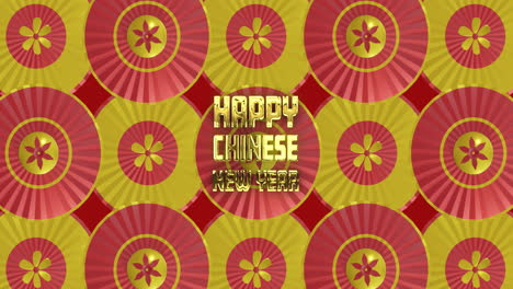 animation of happy chinese new year ext over lanterns and chinese pattern on yellow background