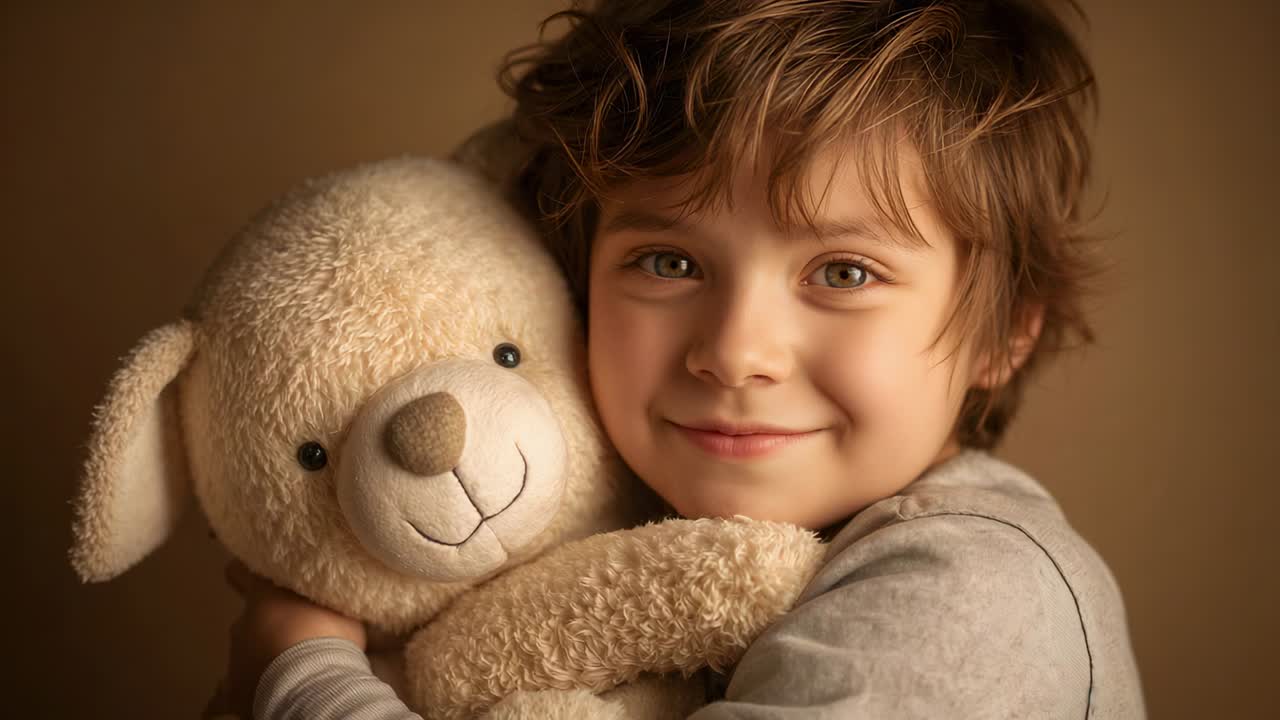Bambino abbracciato che indossa una maglietta grigia a maniche lunghe e tiene in mano un orsacchiotto color crema, che reagisce a un leggero suggerimento fuori campo