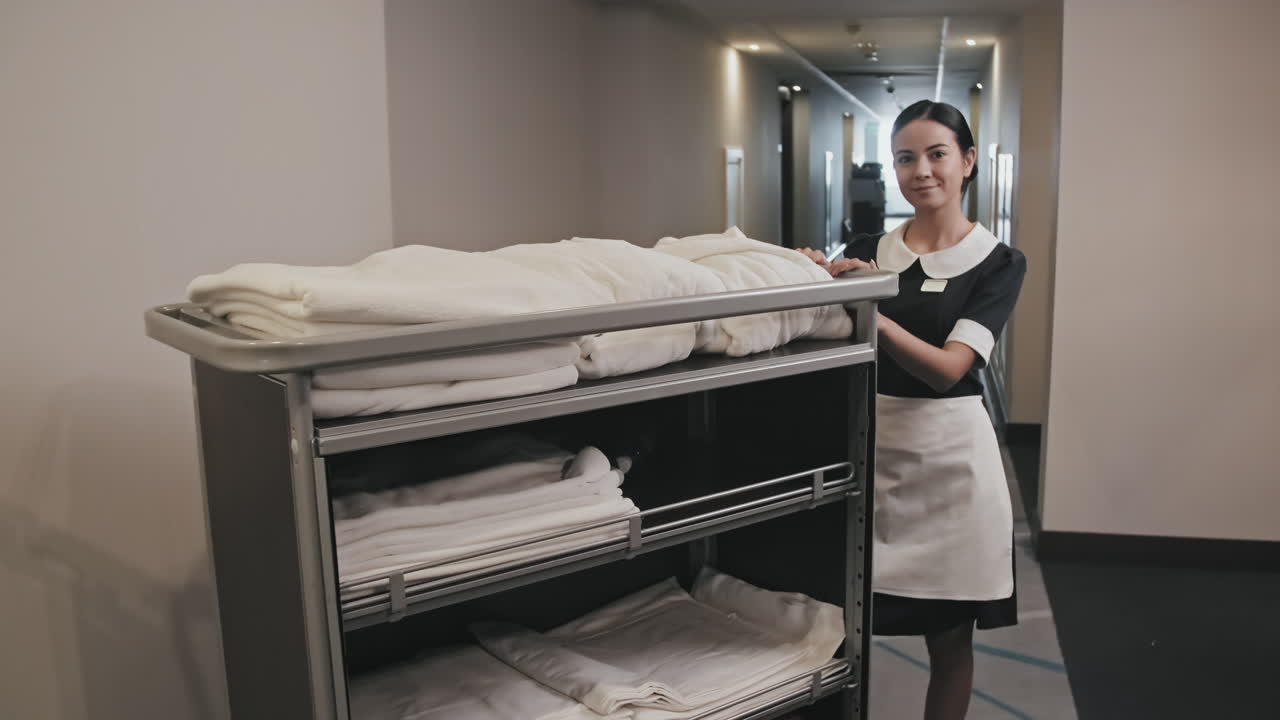 Portrait of Female Housekeeper with Hand Cart