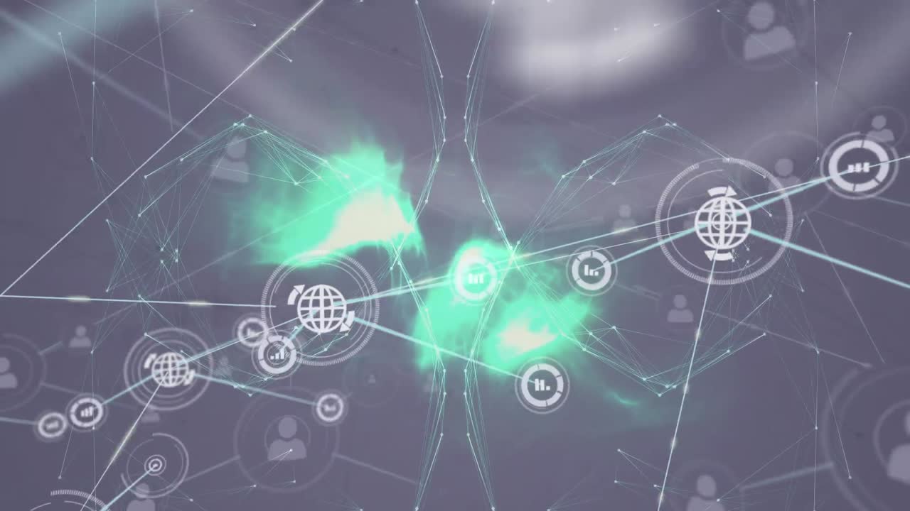 animación de una red de globos y iconos de información que transfieren datos a través de luces brillantes