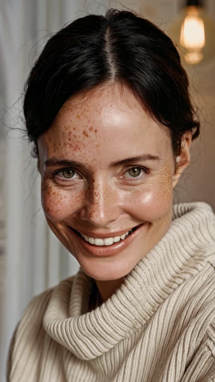 Primo piano di una donna sorridente con lentiggini, illuminazione naturale