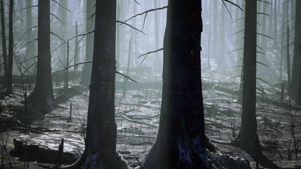 Foggy forest landscape with tall trees and dim light in early morning hours
