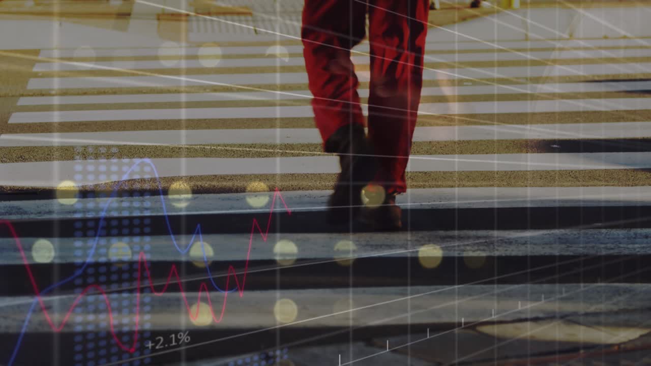 Animation of financial data processing over man crossing road