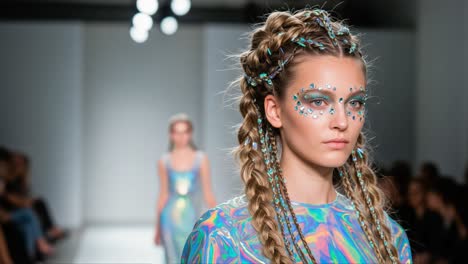 stunning fashion model on runway showcasing extravagant hairstyle and creative makeup with glittering details in vibrant colors