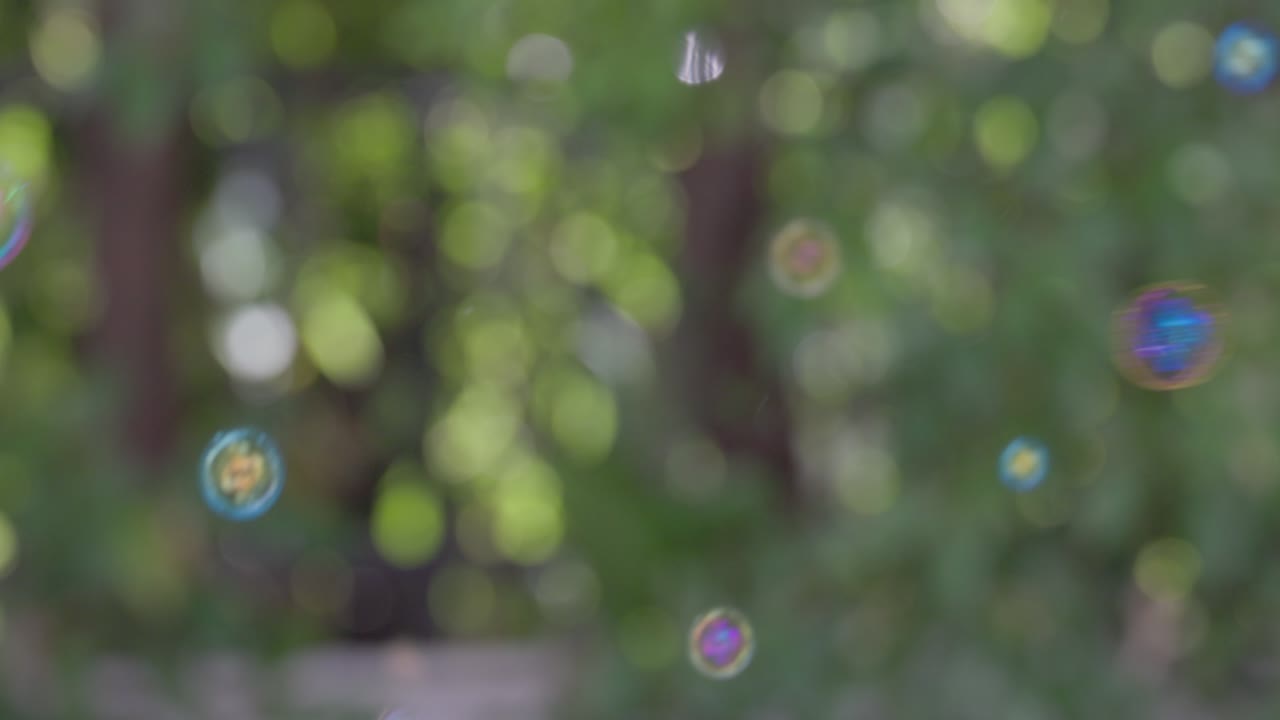초록색 나무 배경으로 공중에서 날아다니는 4k 슬로 모션 비누 거품.