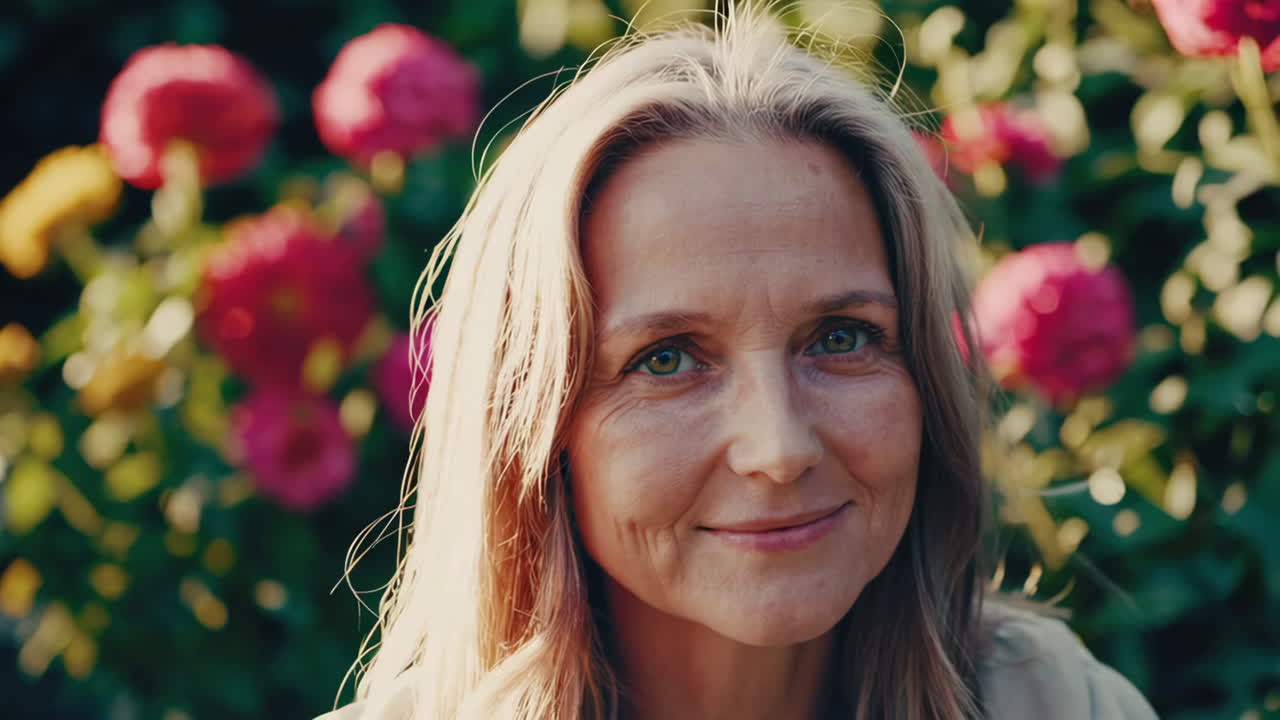 Smiling Senior Woman in Garden
