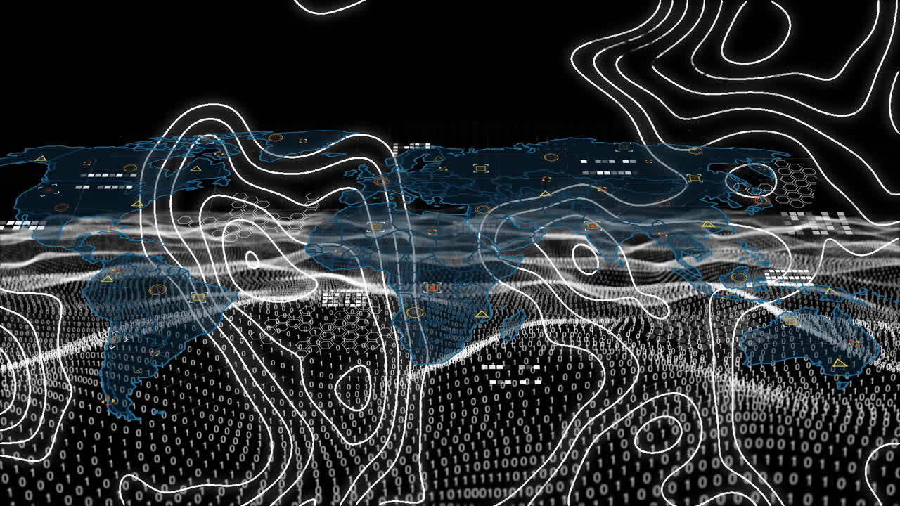 topografía y ondas digitales sobre codificación binaria y mapa del mundo contra fondo negro