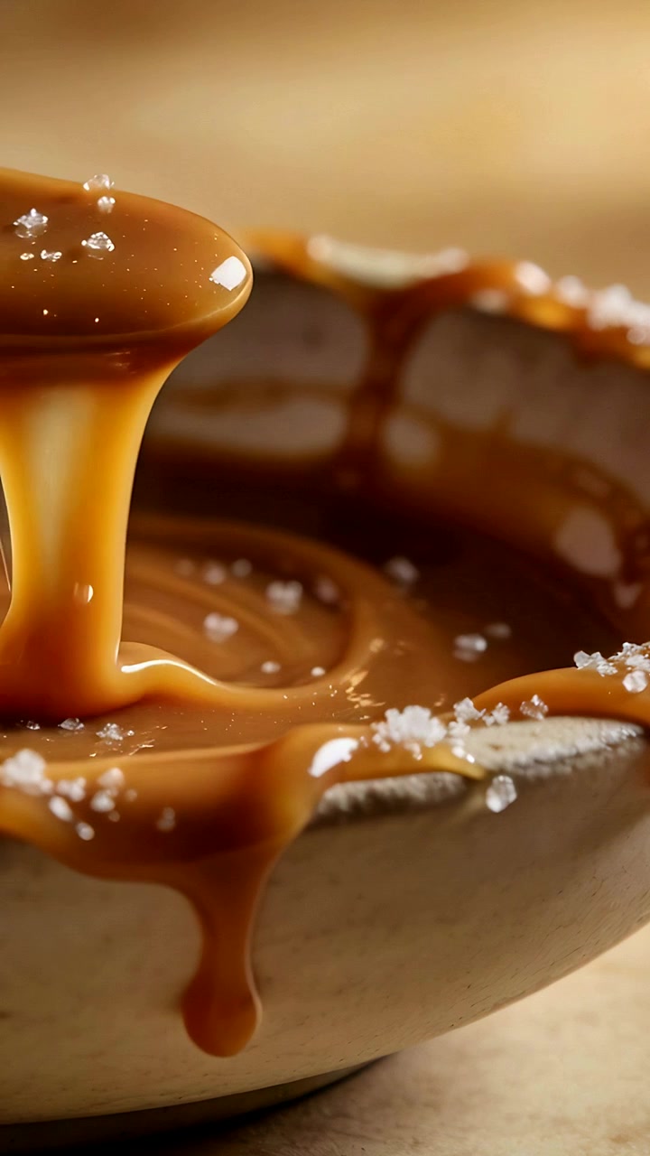 Video verticale: cucchiaio che solleva caramello salato da una ciotola creando onde a nastro con sale marino