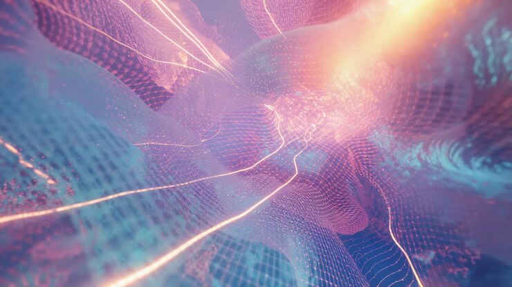 Starting animation, mesh tunnel pulsing through mesh grid with glowing nodes, simulating data flow