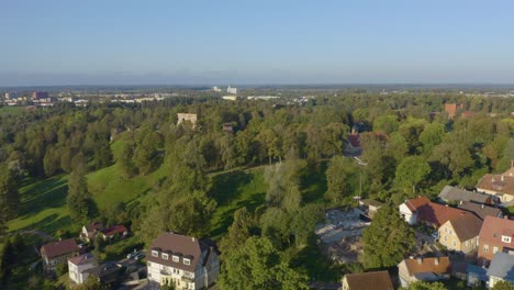 Long-drone-of-the-small-Estonian-town-of-Viljandi-with-a-stone-monument-stage