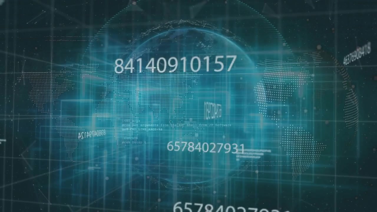 Floating numeric codes starting 3D globe emerging and rotating while grid lines streaming data