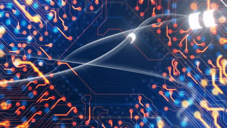 animation of digital data processing with circuit board and glowing network of connections