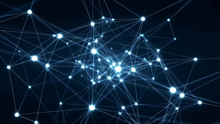Glowing Interconnected Nodes On Dark, Luminous Connection Points Linked By Fine Lines Creating Complex Data