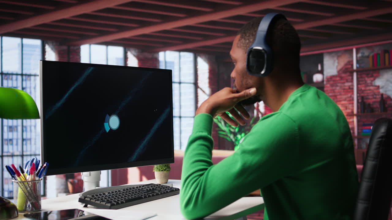 Vertical Video Teleworker in home office watching business conference on PC