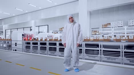 full body of asian male scientist having a headache while standing with conveyor for packaging coffee beans in bags at coffee factory