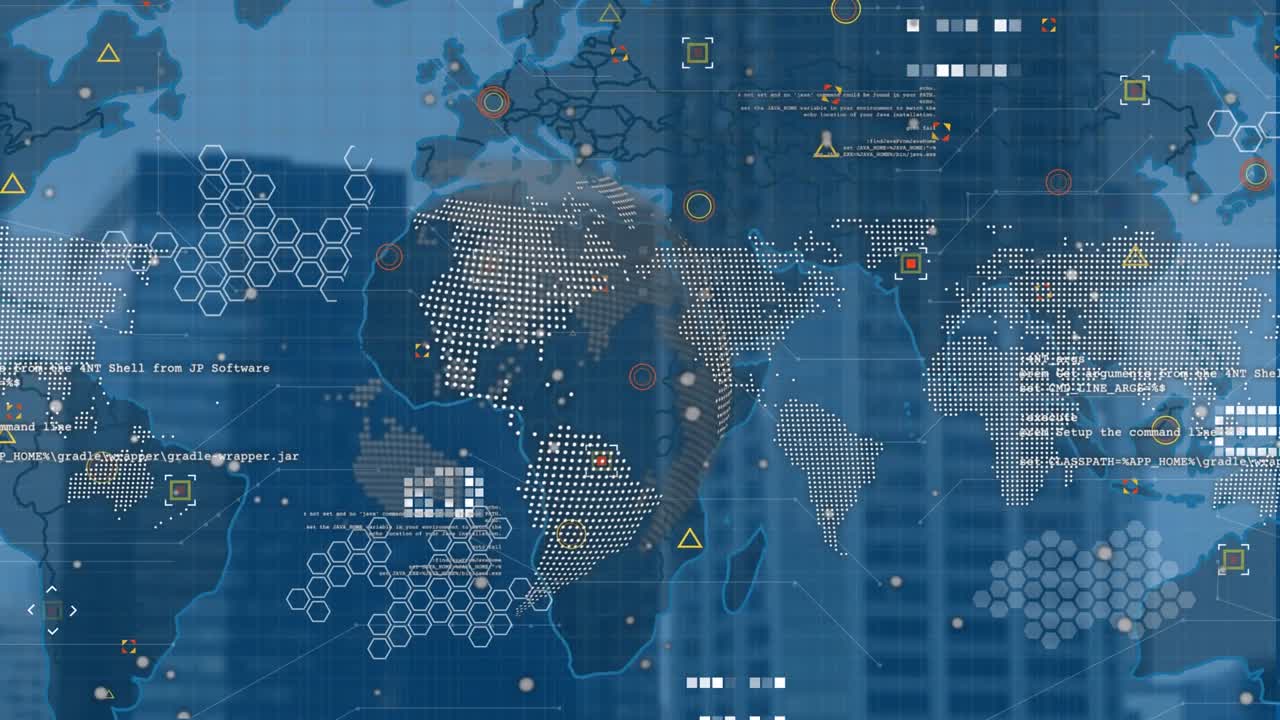 Data processing, world map and spinning against tall buildings