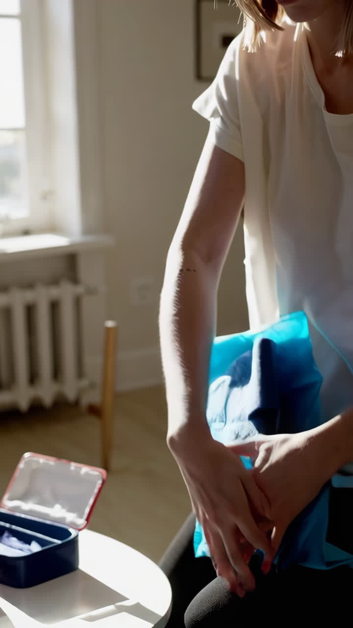 Woman applying ice pack to injured arm