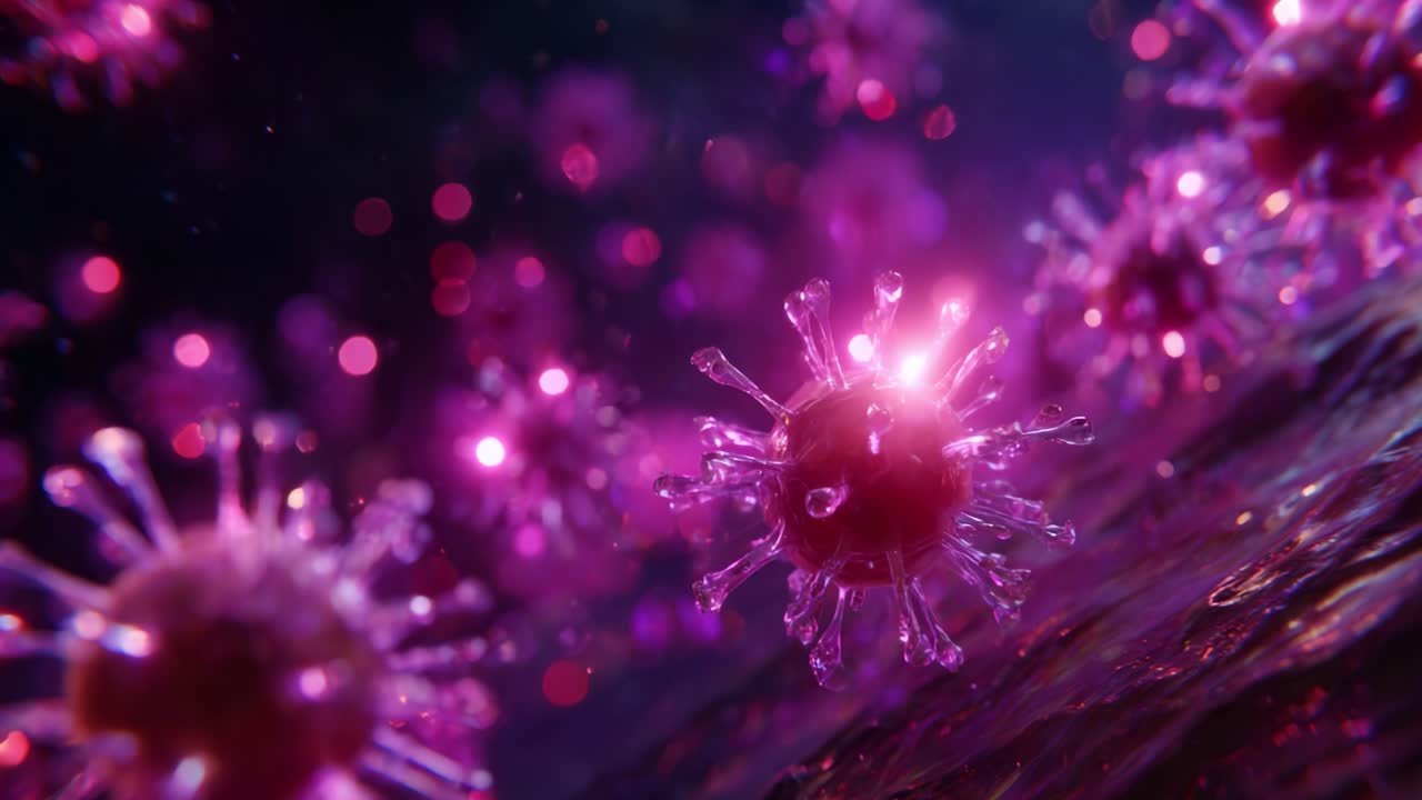 Microscopic Visualization of Viral Structures Illuminated in Vibrant Pink with Intricate Details Showing Cellular Composition and Movement in a Dark Environment