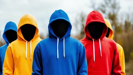 un grupo de personas con sudaderas coloridas de pie en una línea