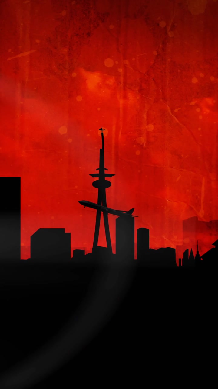 Animation of plane taking off over silhouetted modern cityscape on red
