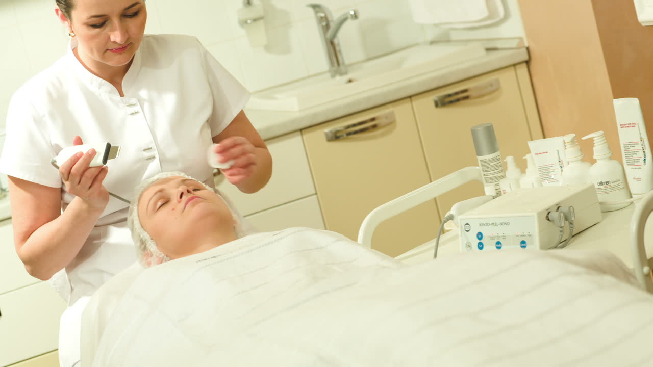 미용사는 초음파 얼굴 청소를 시작합니다.