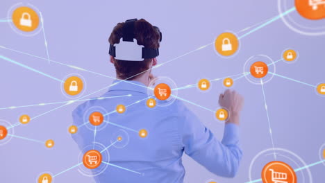 Animation of network of connections with icons over caucasian businessman using vr headset