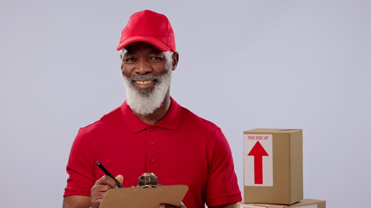 Clipboard, smile or mature black man for delivery