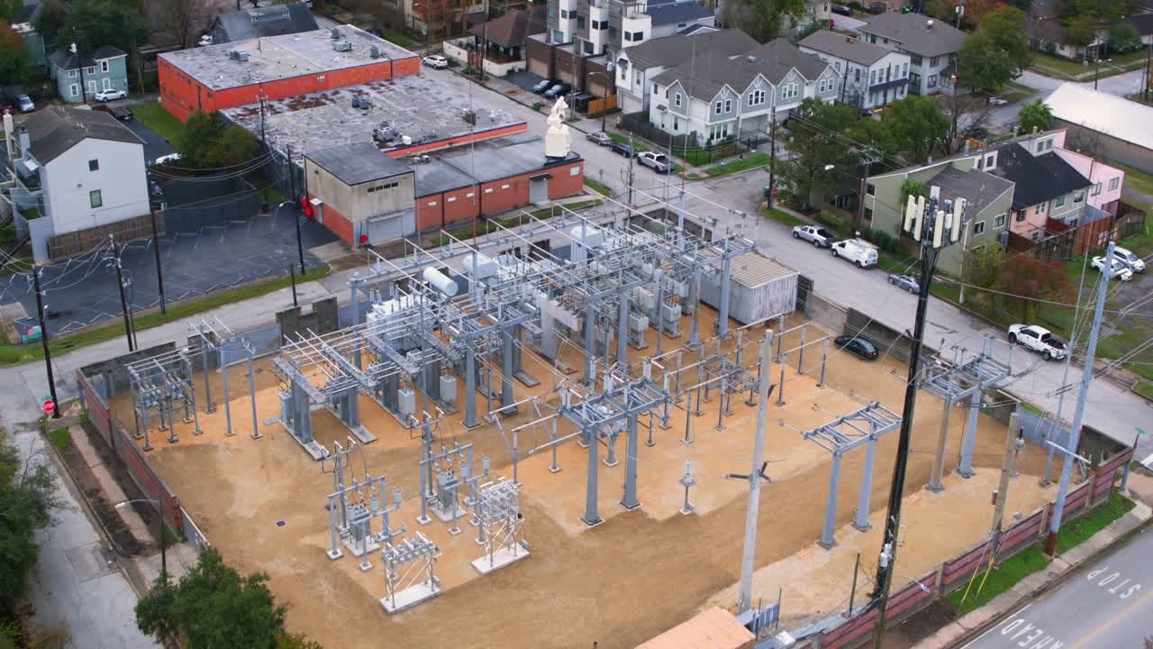 Birds eye view of electricity station surrounding by neighborhood in Houston, Texas