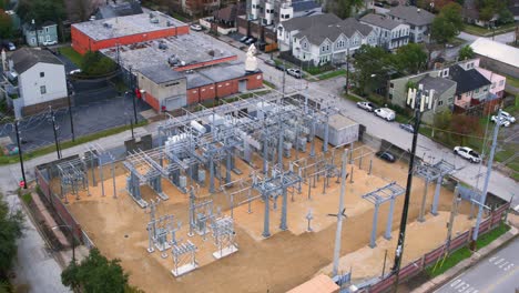 birds eye view of electricity station surrounding by neighborhood in houston, texas