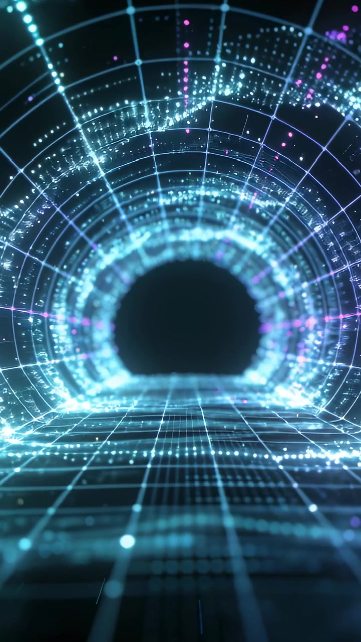 Vertical video: Reacting to approach, grid rings expanding through virtual void, pulsing cyan nodes