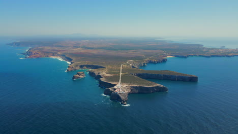 Panoramic-aerial-view-of-Cape-Saint-Vicente-lighthouse-located-on-top-of-cliffs-in-the-most-southwestern-point-of-Portugal-on-a-sunny-summer-day