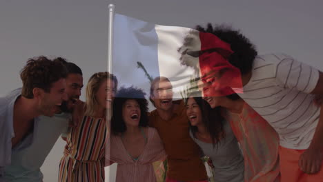 laughing together, diverse friends with french flag animation in school setting