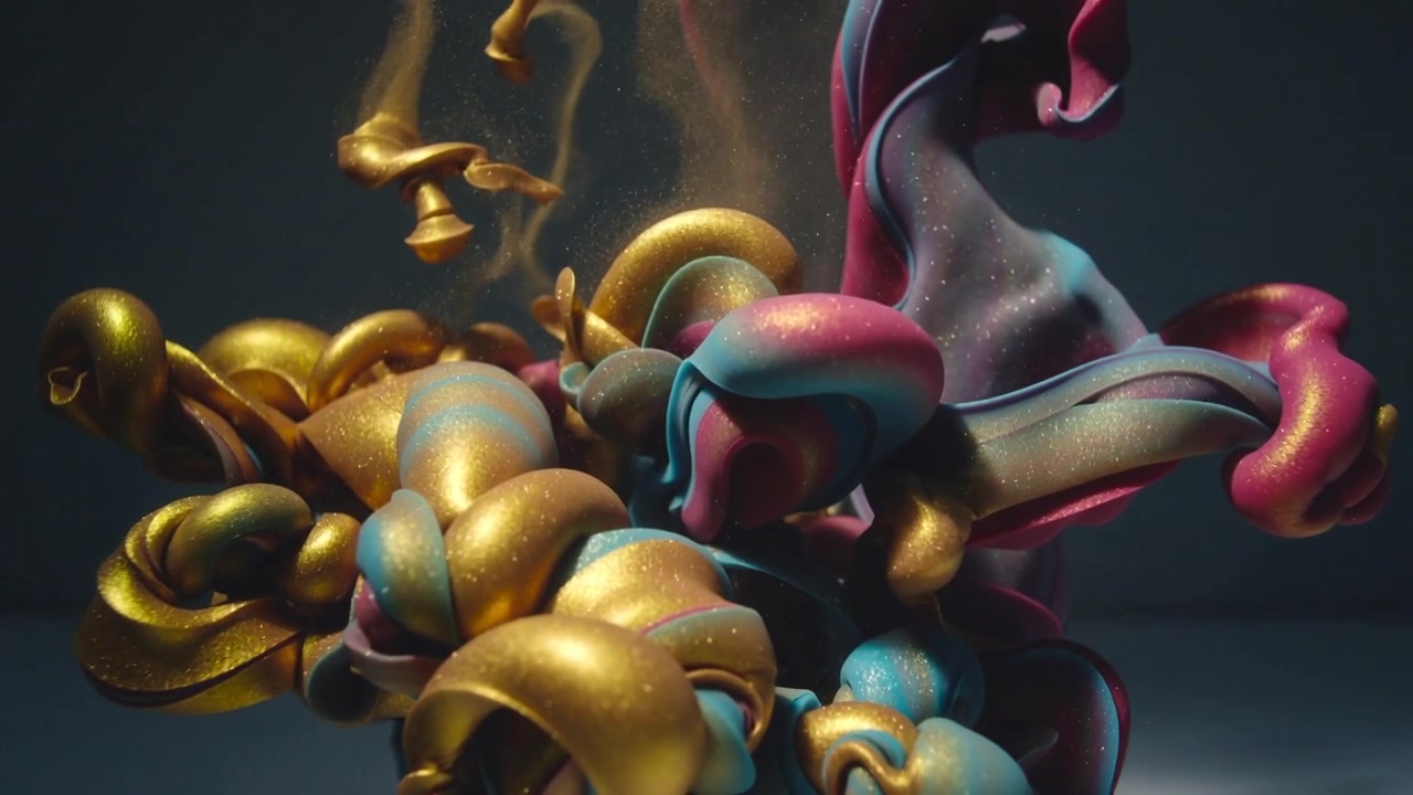 Reacting to lighting cue, viscous gold, cyan and magenta ribbons unfurling on studio stage